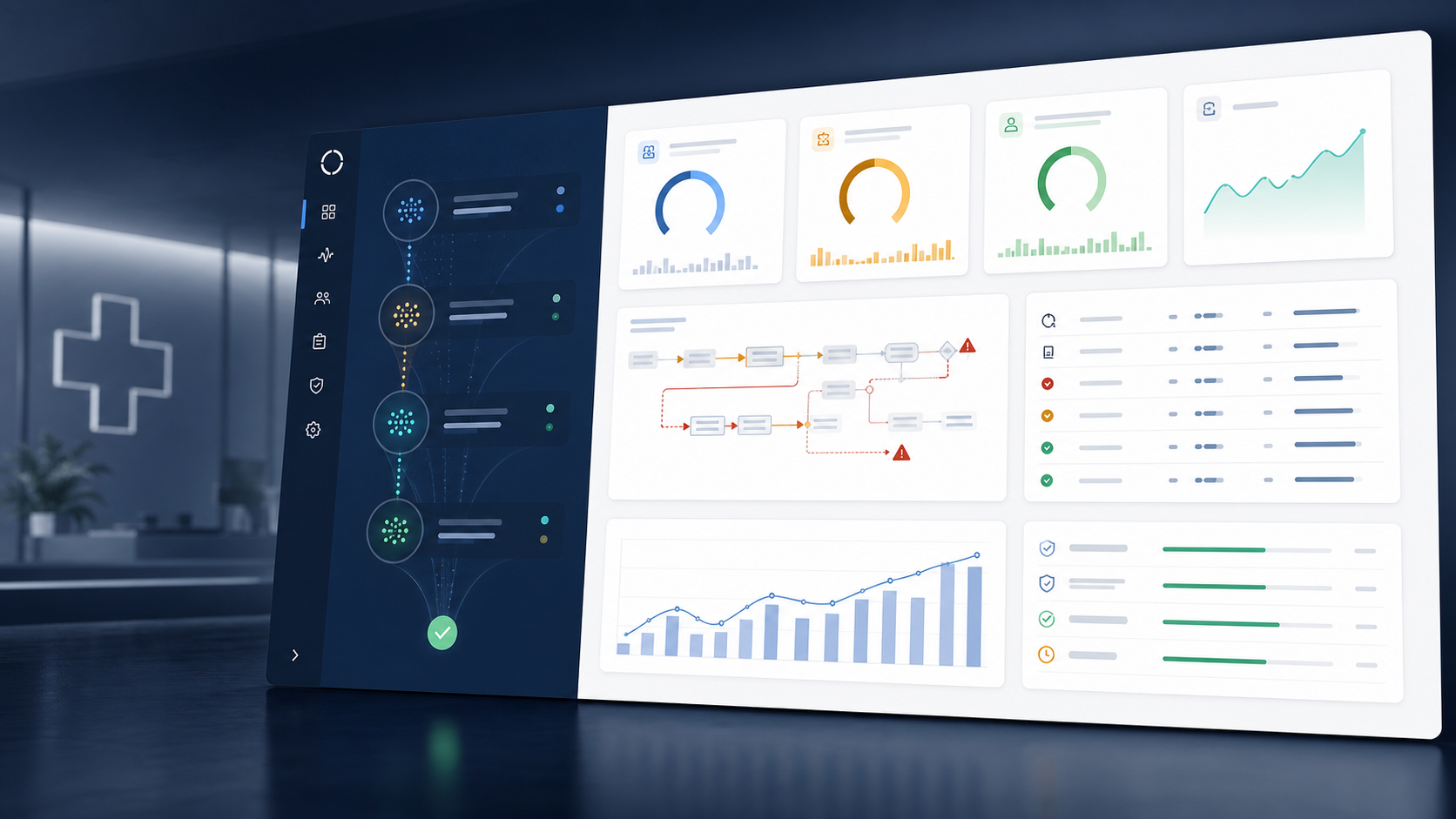 Abstract healthcare operations dashboard showing performance signals becoming visible